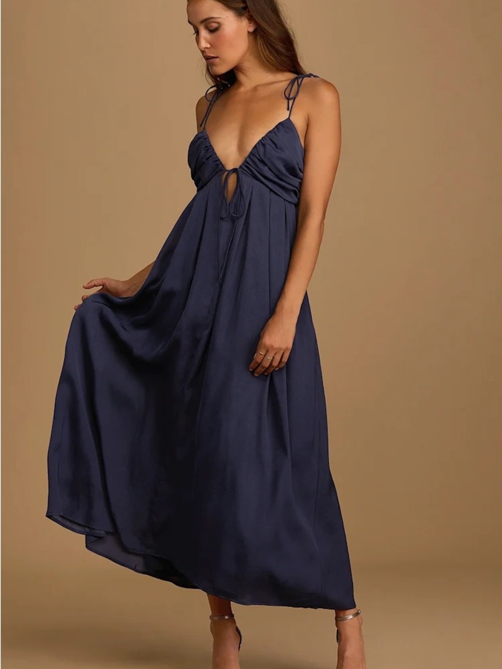 Lulus Confidence Check Navy Blue Satin Tie-Back Maxi Dress Sz XL NWT